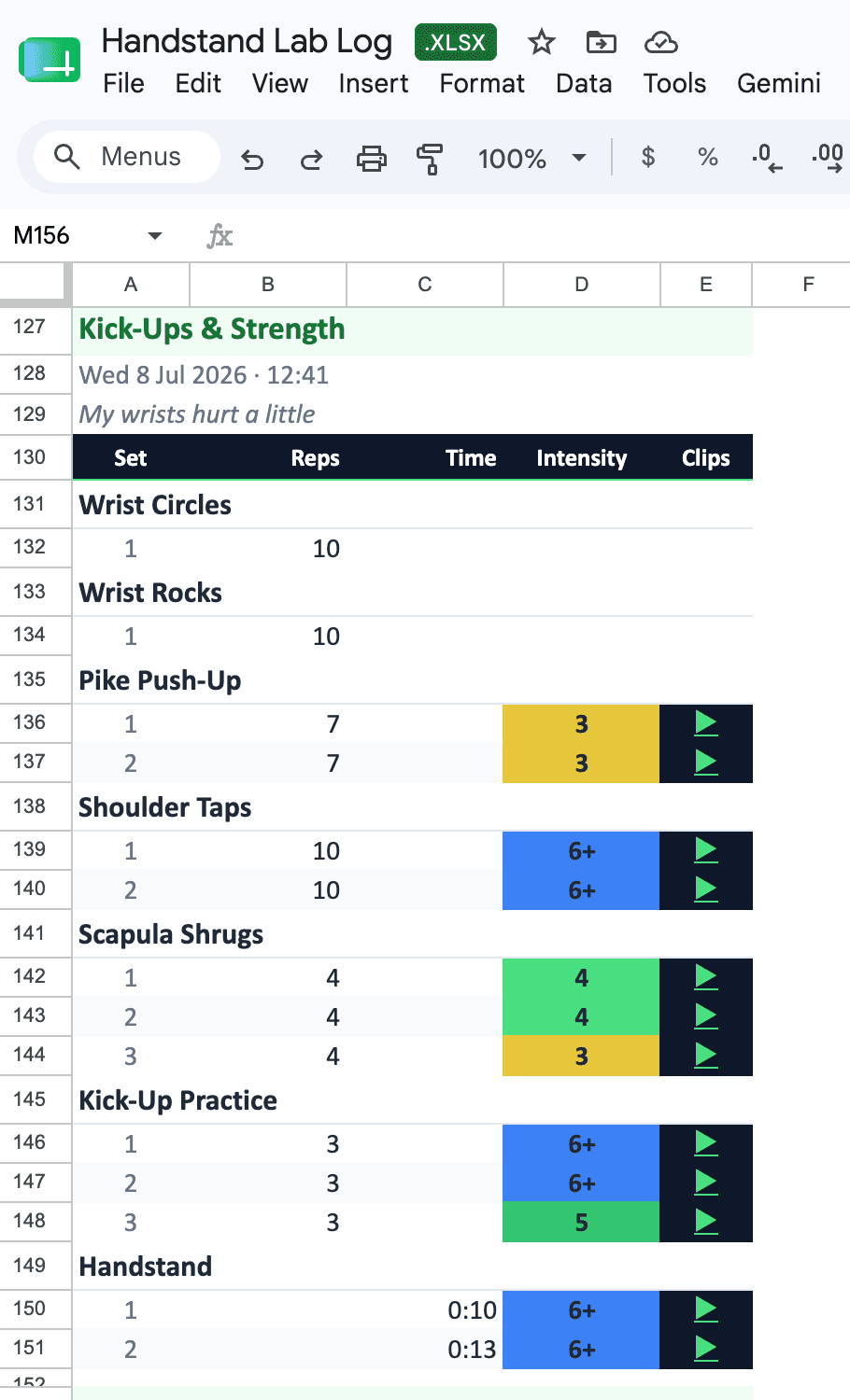 A week's training log as a color-coded spreadsheet in Google Drive — intensity shaded by reps or seconds in reserve, with a play button linking each set to its clip