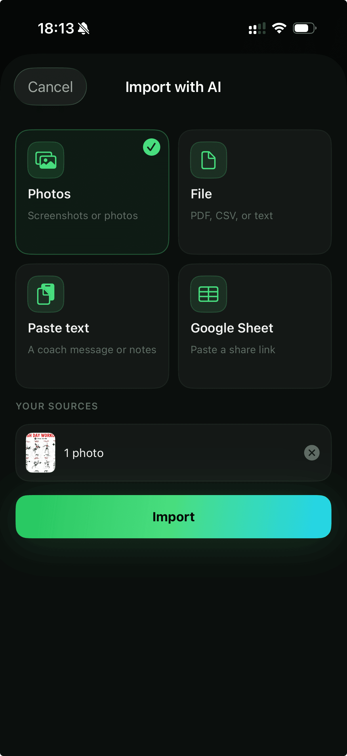 AI 가져오기 화면 — 코치의 메시지, 스크린샷, 파일, Google Sheet 링크를 넣으면 앱이 루틴을 만들어 줍니다