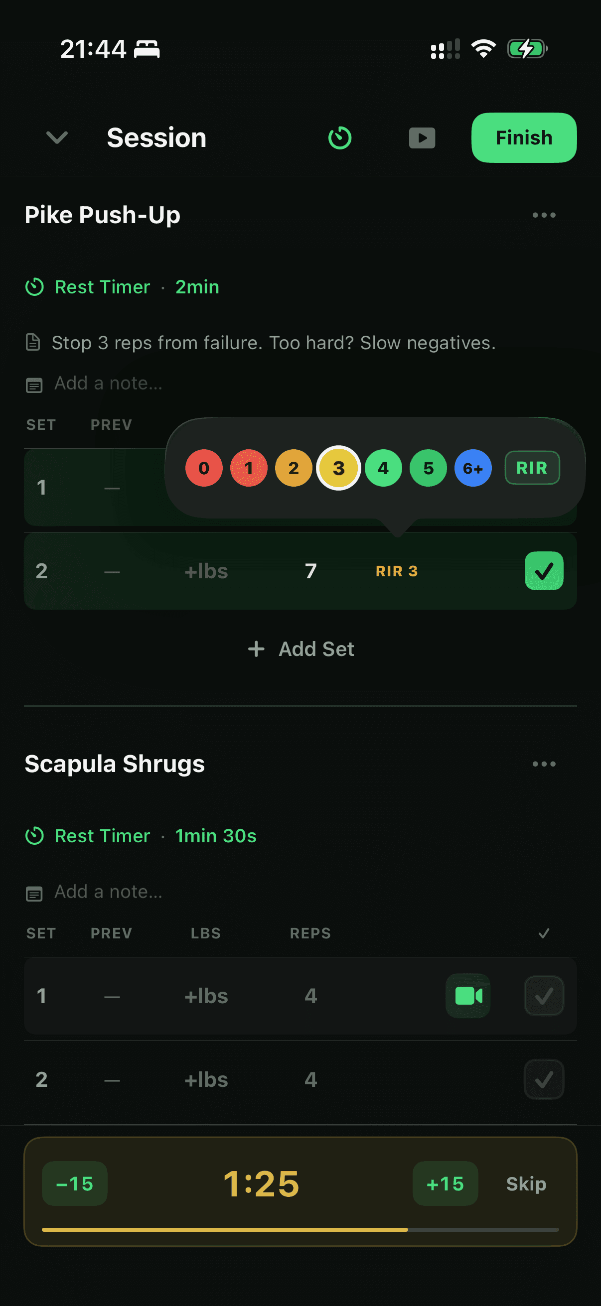The in-app reps/seconds-in-reserve scale — a 0-to-6+ colour scale from red (to failure) to blue (plenty left)